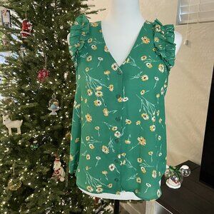 ANTHROPOLOGIE PLEIONE FLORAL TOP BUTTON FRONT IN GREEN SIZE SMALL - NWOT (449)